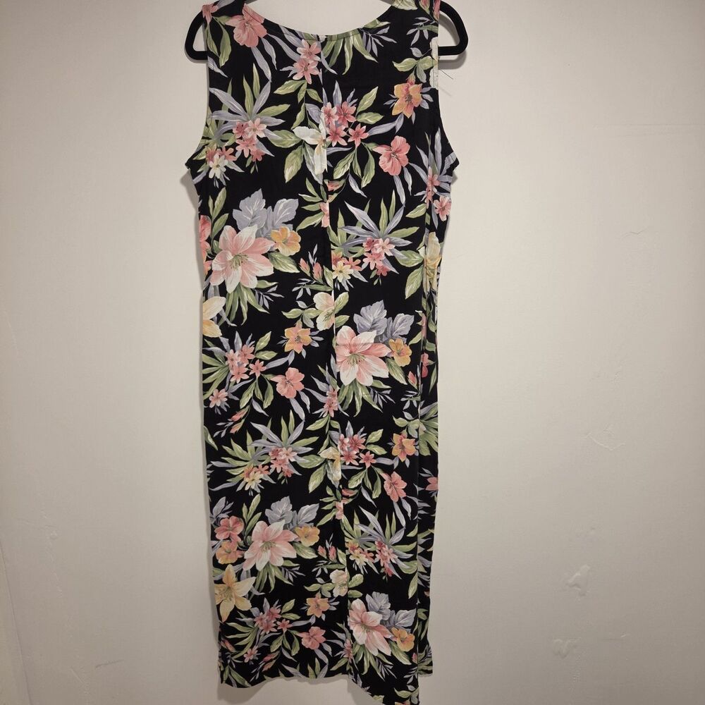Vintage Floral Shift Dress L Black Sleeveless Midi Rayon Woven Pullover Tropical - Picture 6 of 8